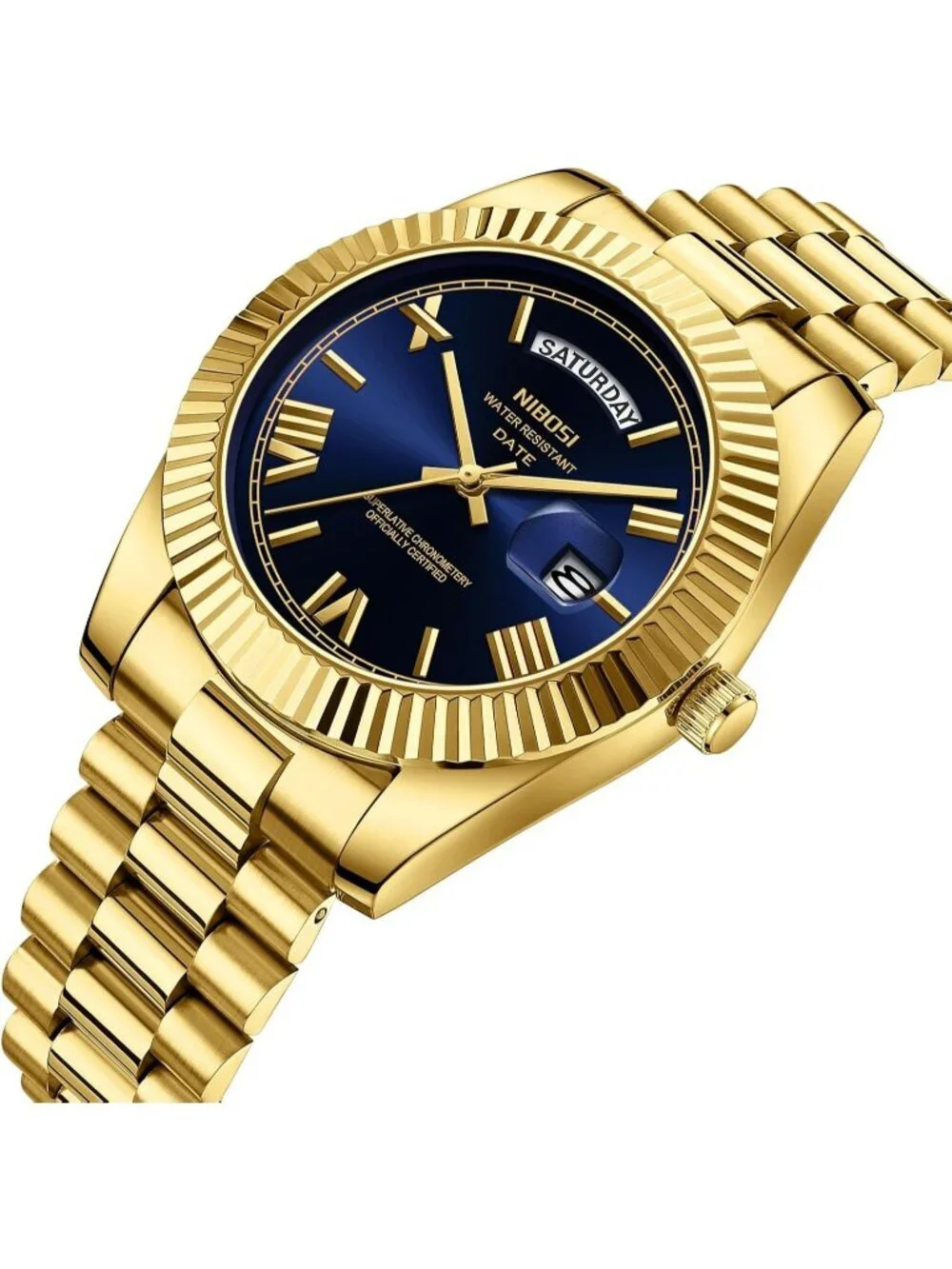 Nibosi Men's Gold Blue Analog Quartz Stainless Waterproof Desiger Wrist Watch